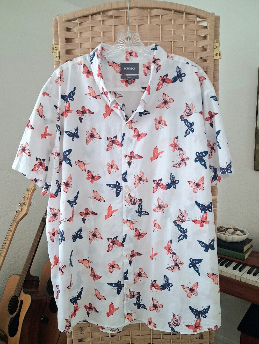 Bonobos White Button-Down Shirt Butterfly Print Standard Fit Men's 4XL